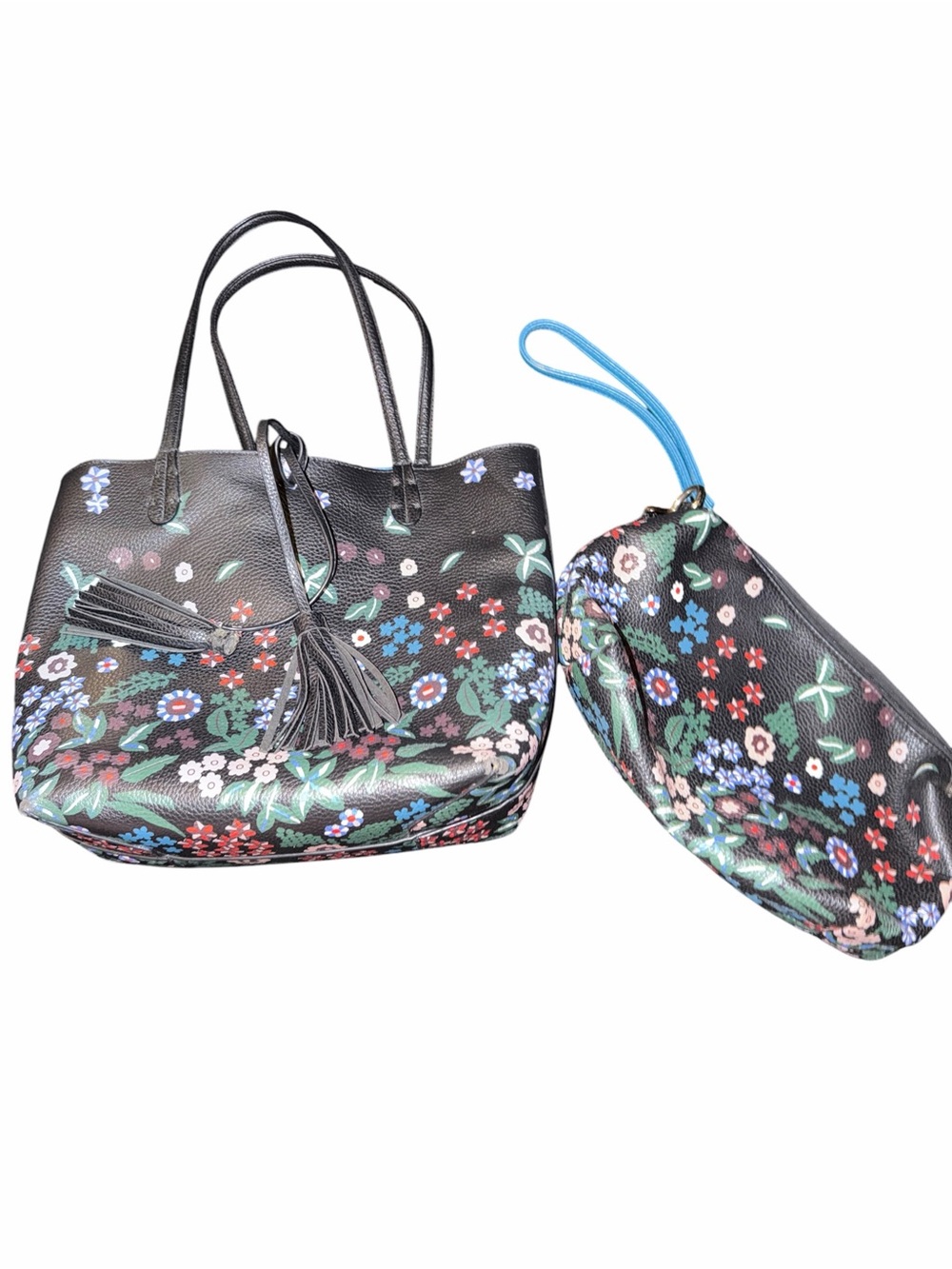 Floral Black Tote and Wristlet Set - Black Floral